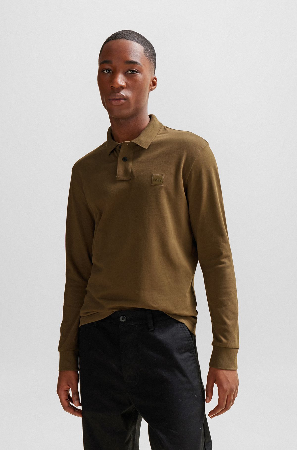 Stretch-cotton polo shirt with logo patch, Brown
