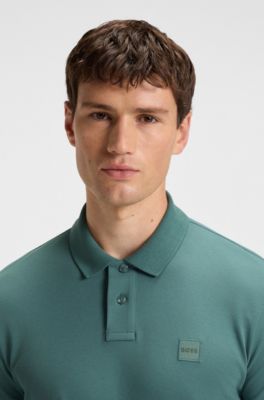 Stretch-cotton slim-fit polo shirt with logo patch, Green