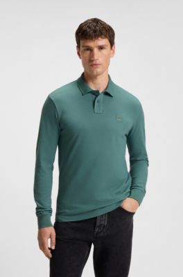 Stretch-cotton slim-fit polo shirt with logo patch, Green