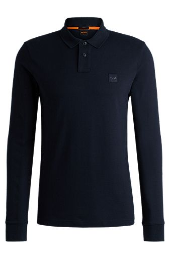 Stretch-cotton polo shirt with logo patch, Dark Blue