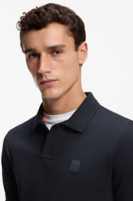Stretch-cotton slim-fit polo shirt with logo patch, Dark Blue