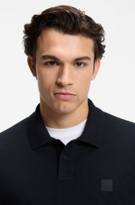 Stretch-cotton slim-fit polo shirt with logo patch, Dark Blue