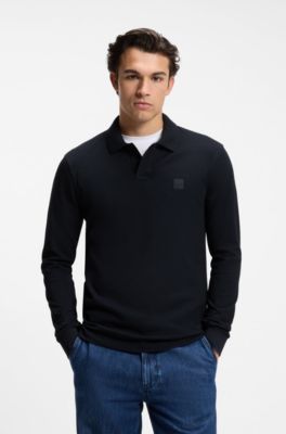 Polo slim fit in piqu&eacute; di cotone elasticizzato, Blu scuro