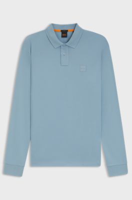 Stretch-cotton slim-fit polo shirt with logo patch, Light Blue