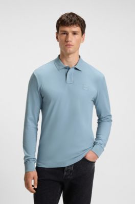 Polo Slim en coton stretch &agrave; patch logo, bleu clair