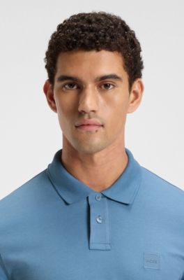 Stretch-cotton slim-fit polo shirt with logo patch, Blue