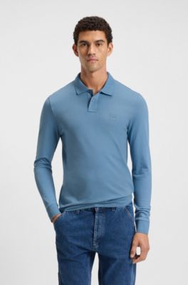 Stretch-cotton slim-fit polo shirt with logo patch, Blue