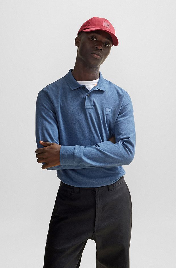 Polo in cotone elasticizzato con toppa con logo, Blu