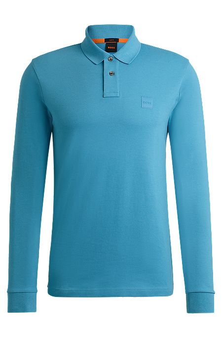 Stretch-cotton polo shirt with logo patch, Blue