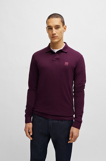 Stretch-cotton slim-fit polo shirt with logo patch, Dark Purple