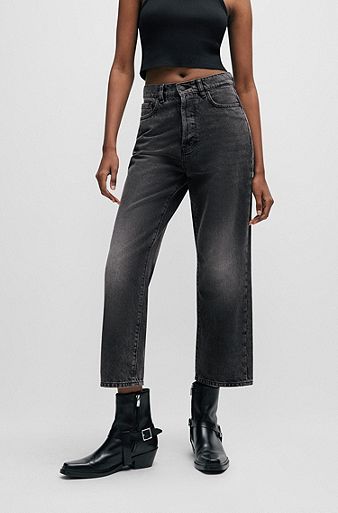 Modern-fit wide-leg jeans in black denim, Dark Grey
