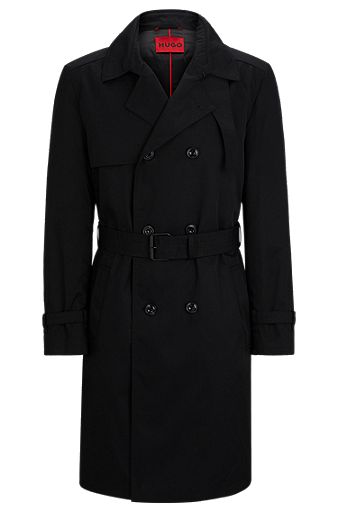 Water-repellent trench coat with buckled belt, Black