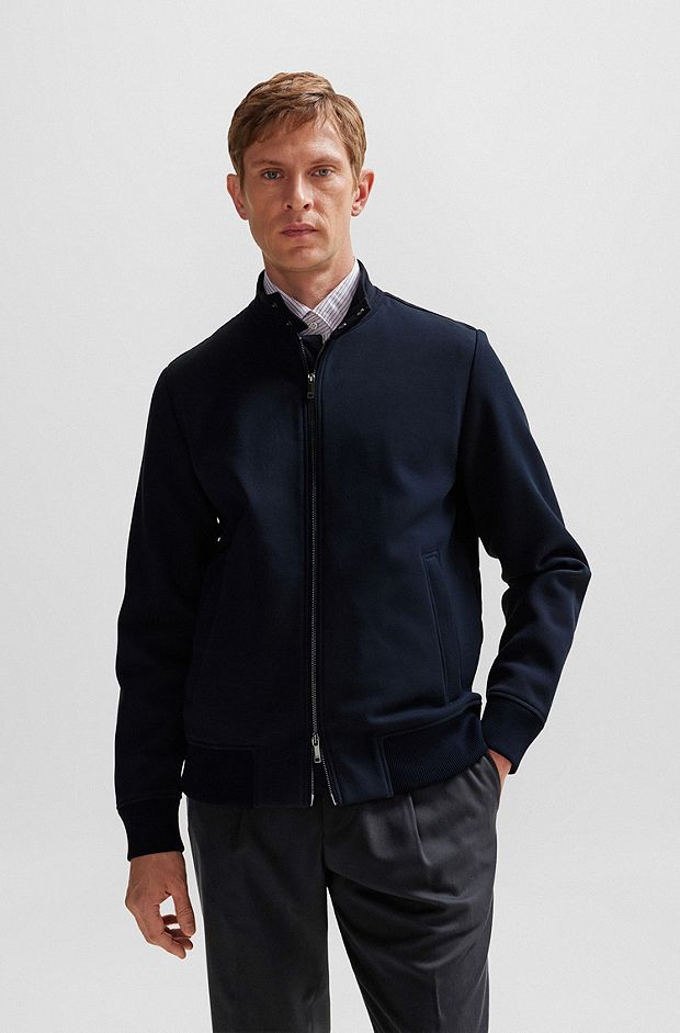Regular-fit zip-up jacket in mixed materials, Dark Blue