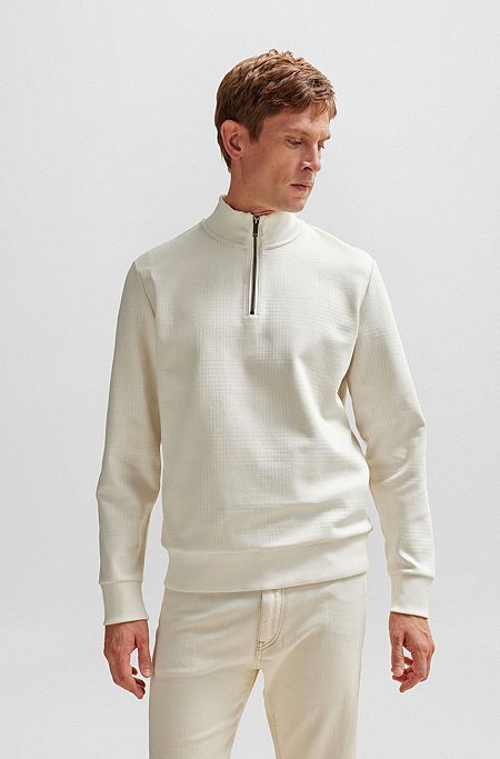 Zip-neck sweatshirt in stretch-cotton jacquard, Natural