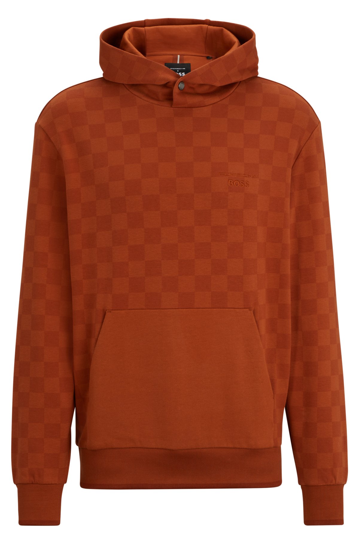 Porsche x BOSS stretch-cotton hoodie with check print, Dark Orange