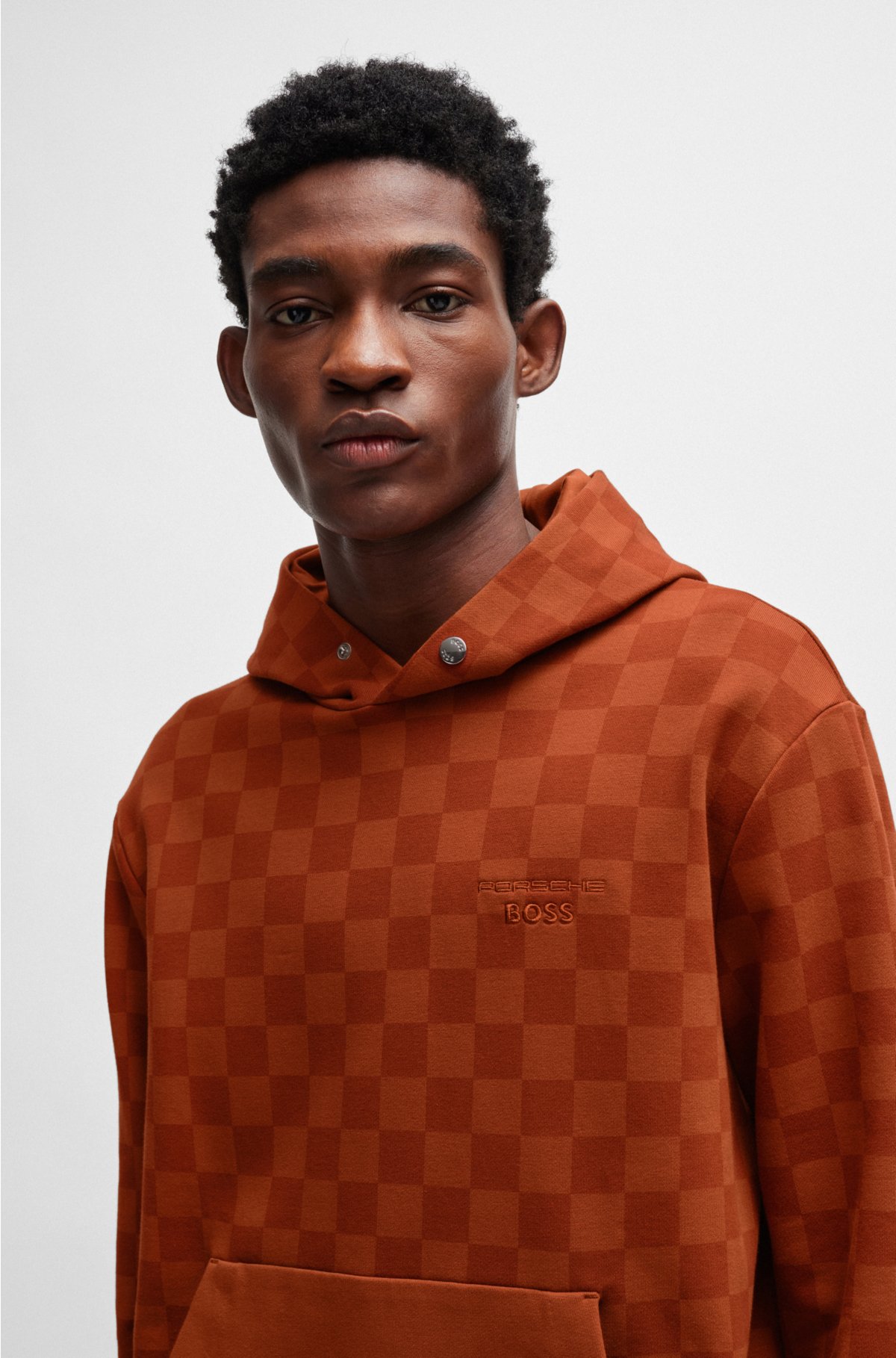 Porsche x BOSS stretch-cotton hoodie with check print, Dark Orange