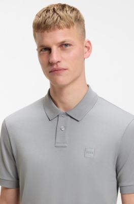Stretch-cotton slim-fit polo shirt with logo patch, Grey
