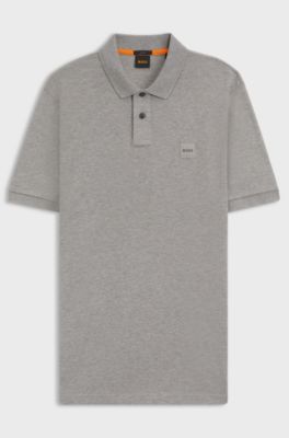Polo slim fit in cotone elasticizzato con toppa con logo, Grigio chiaro