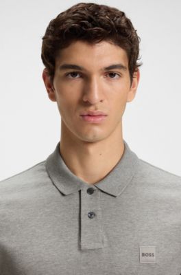 Polo slim fit in cotone elasticizzato con toppa con logo, Grigio chiaro