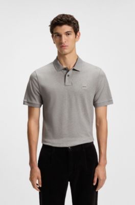 Polo slim fit in cotone elasticizzato con toppa con logo, Grigio chiaro