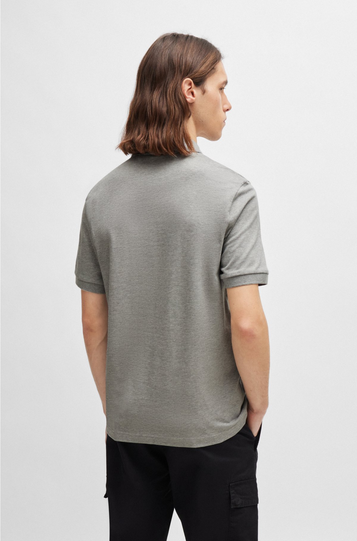 Stretch-cotton slim-fit polo shirt with logo patch, Light Grey