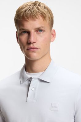 Stretch-cotton slim-fit polo shirt with logo patch, Light Grey