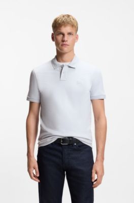Polo slim fit in cotone elasticizzato con toppa con logo, Grigio chiaro