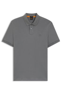 Stretch-cotton slim-fit polo shirt with logo patch, Grey