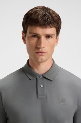 Stretch-cotton slim-fit polo shirt with logo patch, Grey