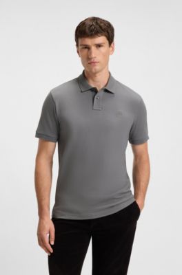 Polo slim fit in cotone elasticizzato con toppa con logo, Grigio
