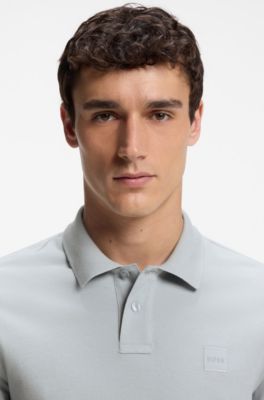 Stretch-cotton slim-fit polo shirt with logo patch, Light Grey