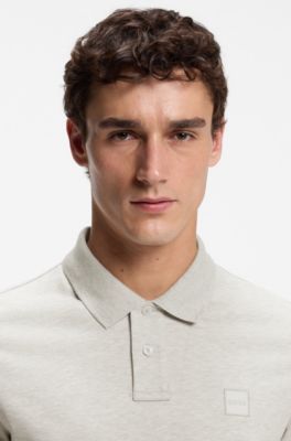 Stretch-cotton slim-fit polo shirt with logo patch, Light Grey