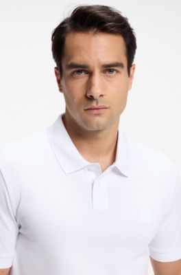 Polo slim fit in cotone elasticizzato con toppa con logo, Bianco