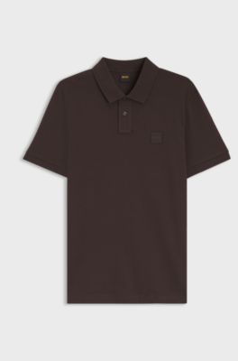 Stretch-cotton slim-fit polo shirt with logo patch, Dark Brown