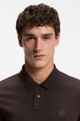 Stretch-cotton slim-fit polo shirt with logo patch, Dark Brown
