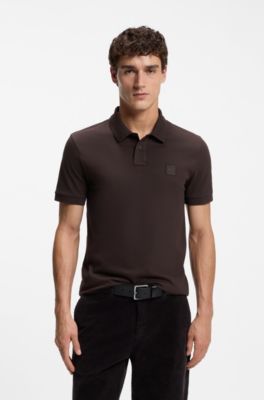 Stretch-cotton slim-fit polo shirt with logo patch, Dark Brown
