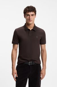 Stretch-cotton slim-fit polo shirt with logo patch, Dark Brown