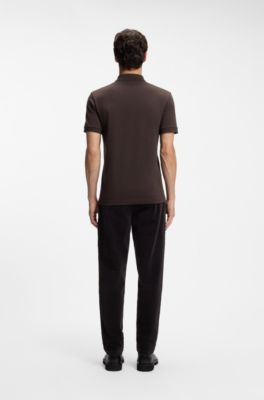 Stretch-cotton slim-fit polo shirt with logo patch, Dark Brown