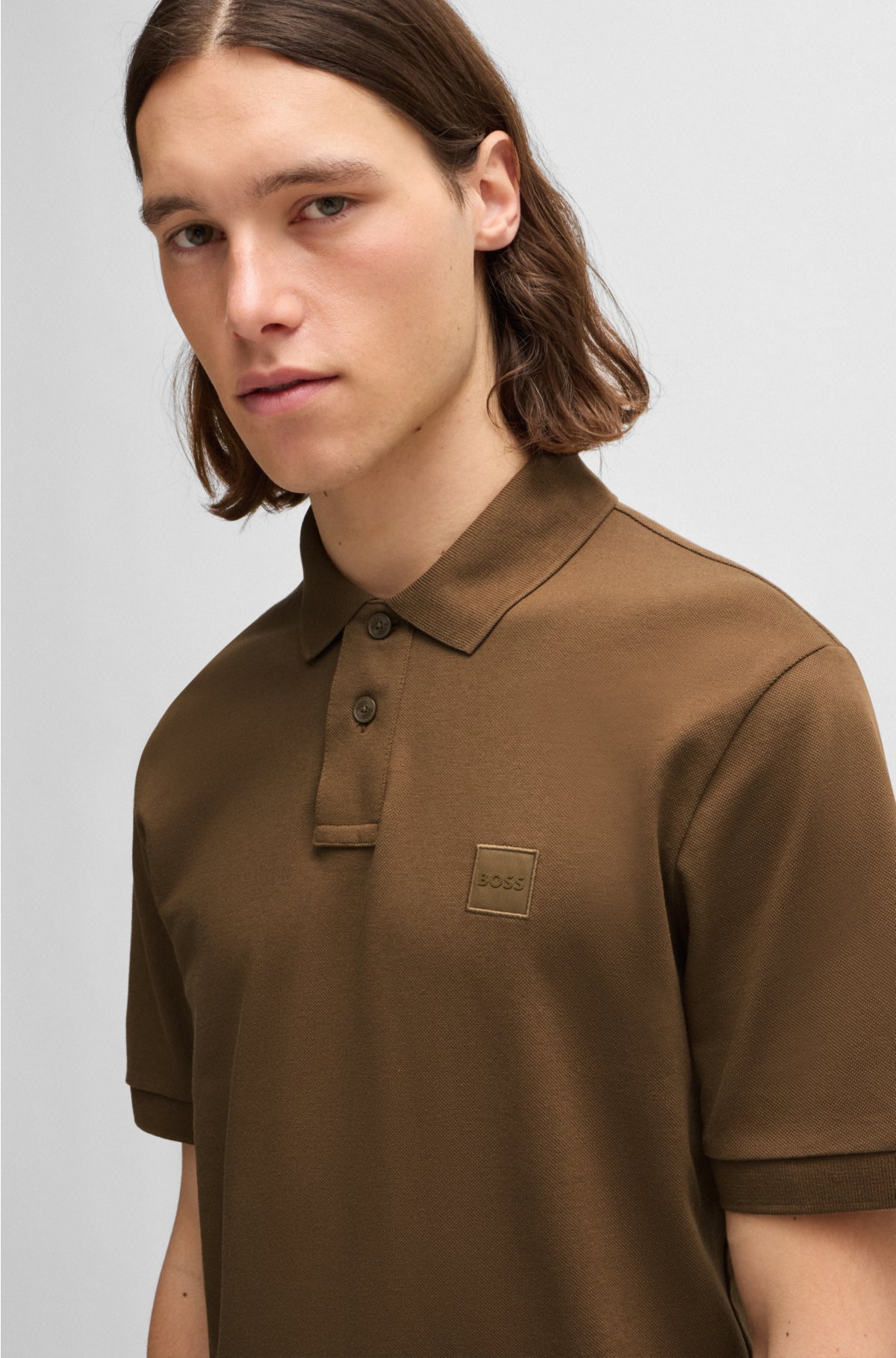 Stretch-cotton slim-fit polo shirt with logo patch, Brown