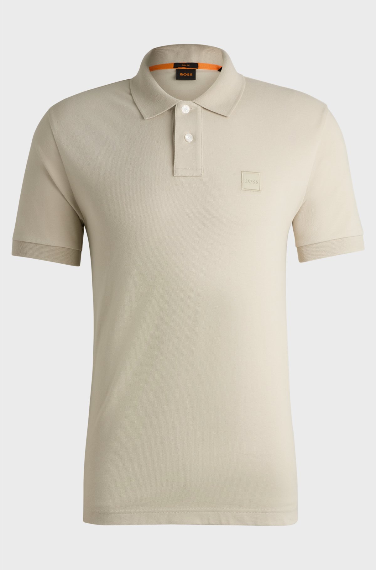 Stretch-cotton slim-fit polo shirt with logo patch, Light Beige