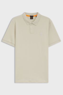 Stretch-cotton slim-fit polo shirt with logo patch, Light Beige