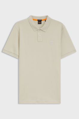 Stretch-cotton slim-fit polo shirt with logo patch, Light Beige