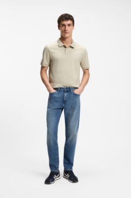 Stretch-cotton slim-fit polo shirt with logo patch, Light Beige