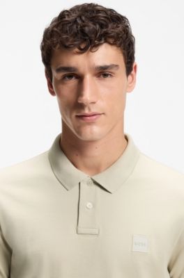 Stretch-cotton slim-fit polo shirt with logo patch, Light Beige