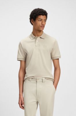 Stretch-cotton slim-fit polo shirt with logo patch, Light Beige