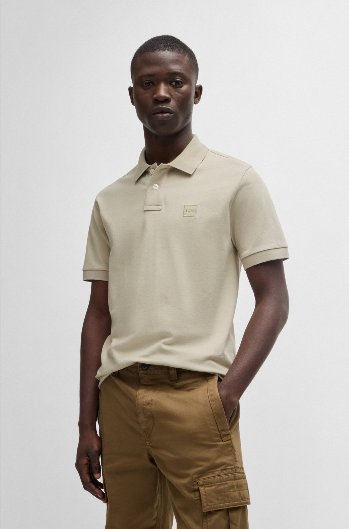 Stretch-cotton slim-fit polo shirt with logo patch, Light Beige