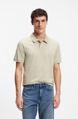 Stretch-cotton slim-fit polo shirt with logo patch, Light Beige