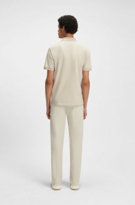Stretch-cotton slim-fit polo shirt with logo patch, Light Beige