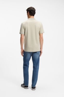 Stretch-cotton slim-fit polo shirt with logo patch, Light Beige