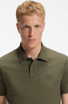Stretch-cotton slim-fit polo shirt with logo patch, Olive